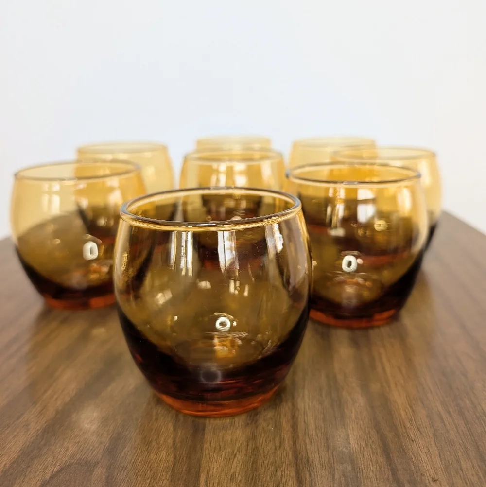 Set Of 8 Vintage 60s 70s MCM Amber Color Roly Poly Glasses Whiskey Stemless Wine